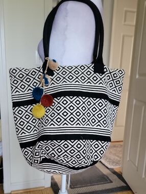 Black & White Geometric Tote Bag with Colorful Pom Tassel